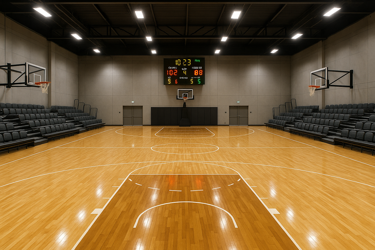 Indoor hardwood, seating for 100, scoreboard & lighting