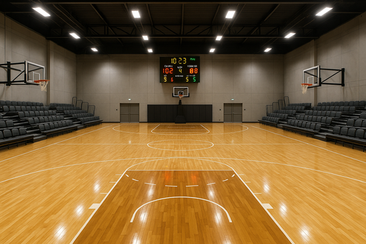 Indoor hardwood, seating for 100, scoreboard & lighting